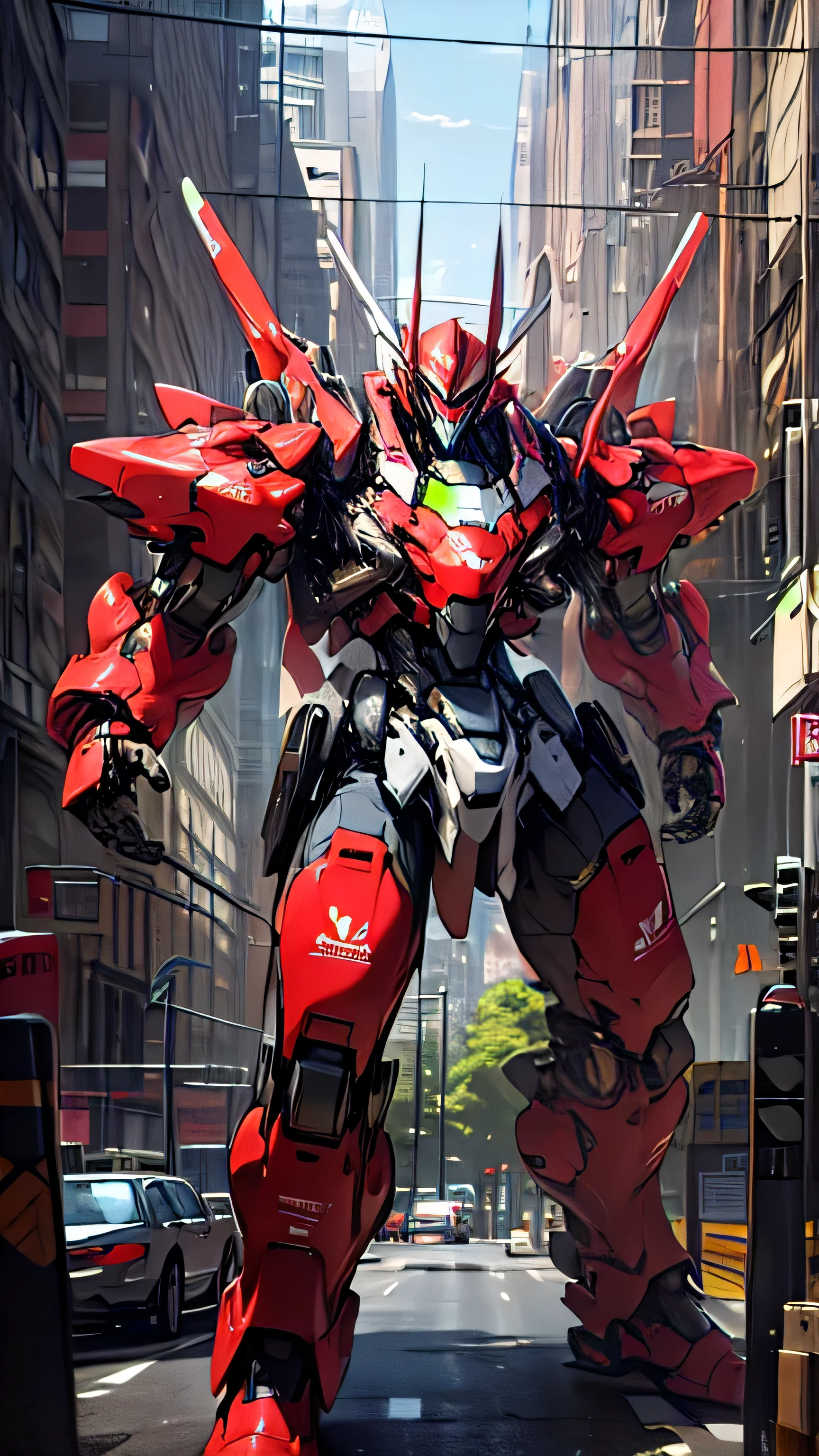1mecha robot, Red Armor, Holding Mecha Sword, 
City, absurdres, high detailed, high res, ultrasharp, 8K, masterpiece, photorealistic, High quality, cinmatic lighting, masterpiece.