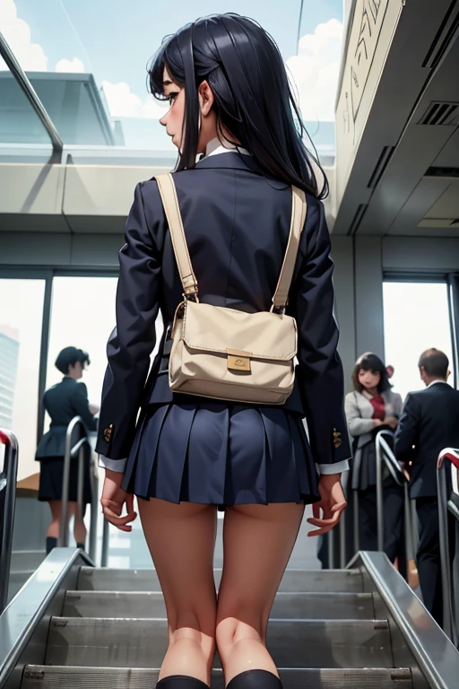 ((highest quality)), ((masterpiece)), (be familiar with), A high school girl riding an escalator on her way to school、glaring at、navy blazer、mini skirt、navy blue socks、back view、covert photography、(View from directly below)、navy blue socksのクローズアップ、Manga panel layout、cartoon style、manga、Station escalator、Everybody line up on the left、Frame showing face only and frame showing back view