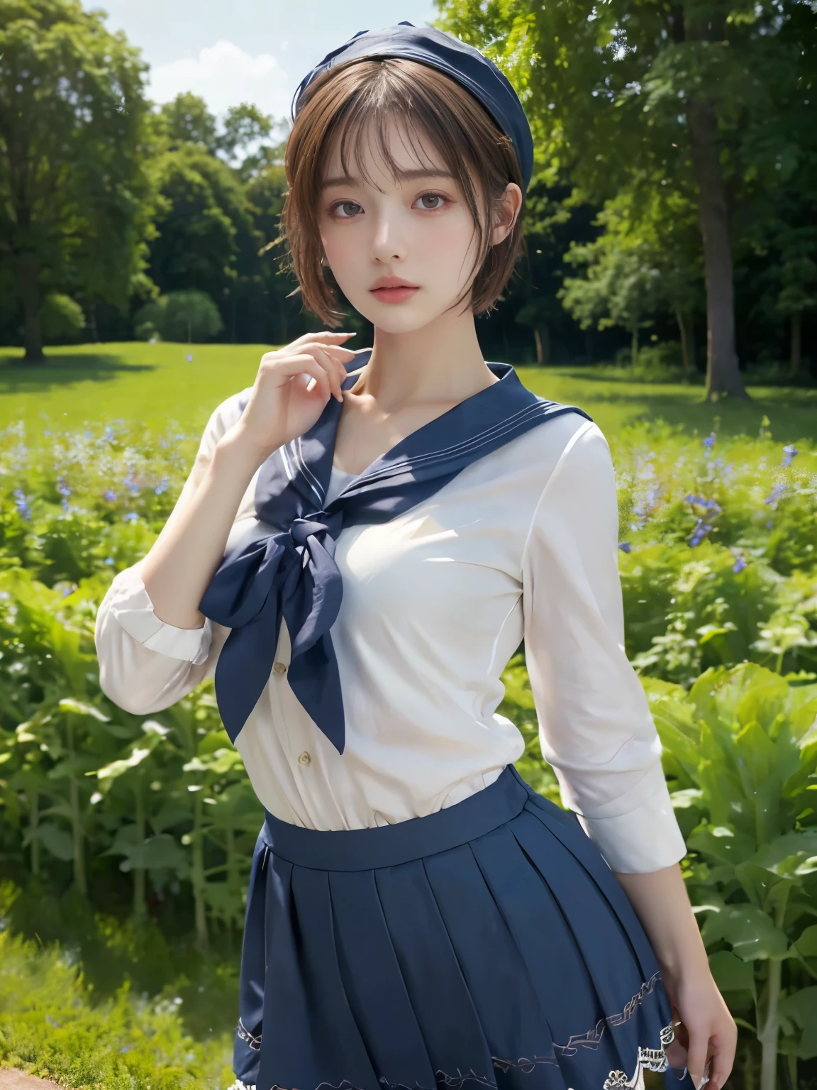 (Realistic:1.3), 8k, Health photo, Realistic skin texture, (masterpiece, highest quality, High resolution:1.2), (Very detailed, Intricate details, High resolution), Textured skin, Skin pores, Intricate details, One girl, Straight Short Hair,whole body,lighting,mini skirt,(Sailor suit),Clear skin,Realistic Face,(Fighting with a long sword)