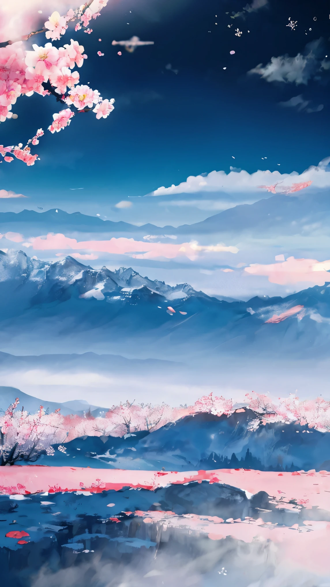 Flowers, snow, mountains, trees, branches, soloists, cherry blossoms, mist, scenery, 