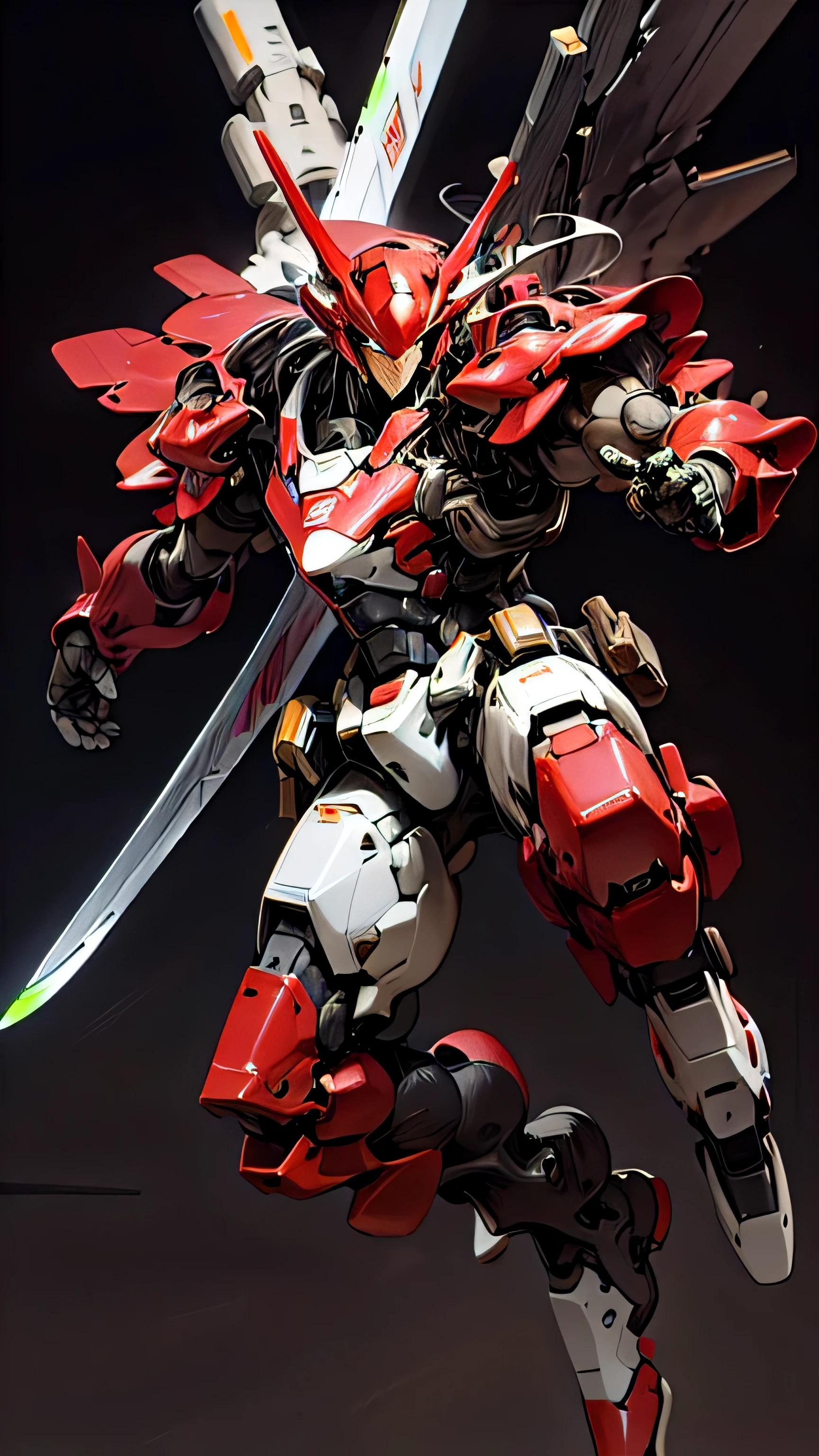 1mecha robot, Red Armor, Black Wing, Holding Black Mecha Sword, Black Background, absurdres, high detailed, high res, ultrasharp, 8K, masterpiece, photorealistic, High quality, cinmatic lighting, masterpiece.