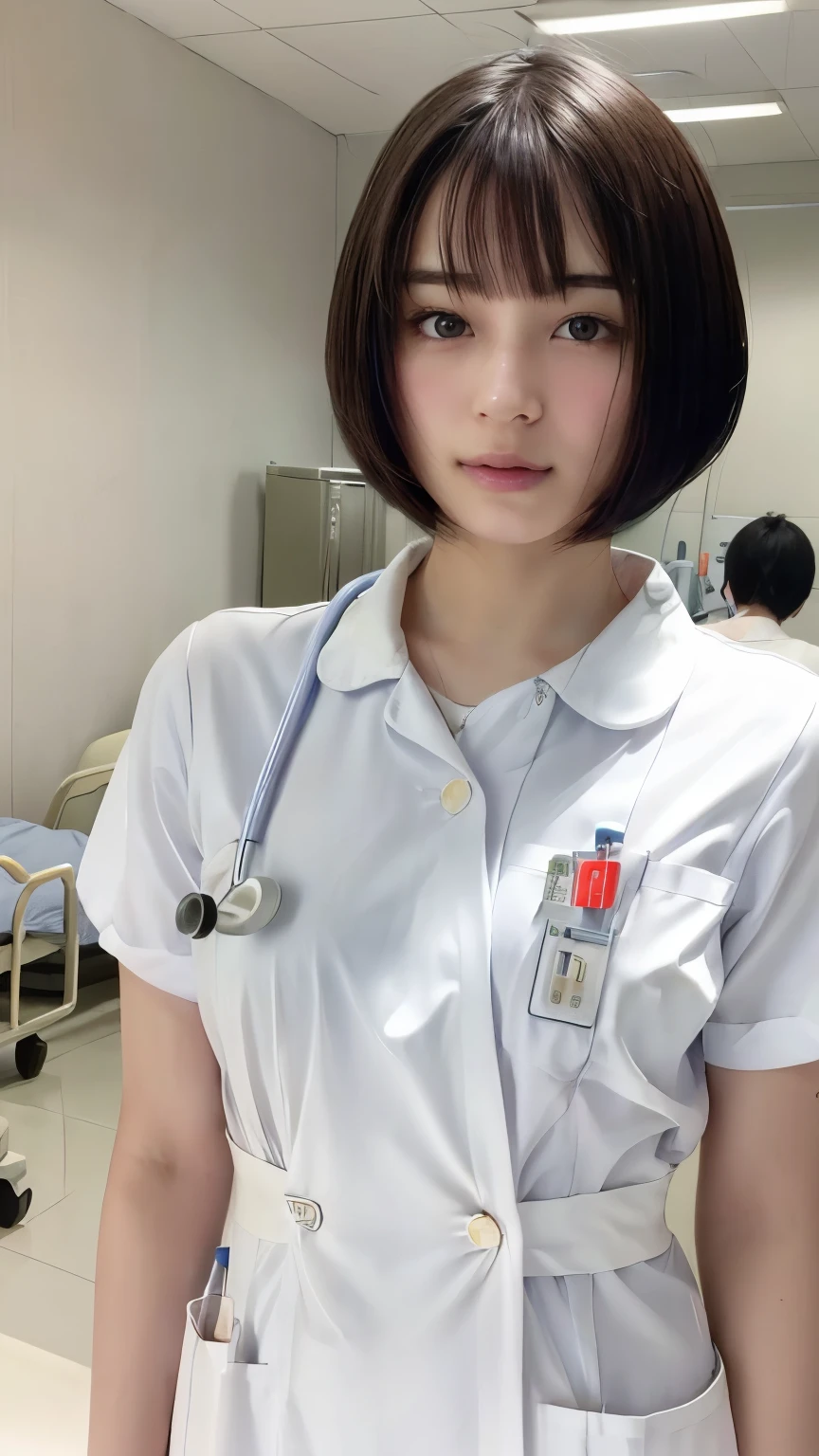 1 girl,(Wearing white nurse clothes:1.2),(Raw photo, highest quality), (Realistic, photo-Realistic:1.4), masterpiece, Very delicate and beautiful, very detailed, 2k wallpaper, wonderful, finely, very detailed CG unity 8k wallpaper, Very detailed, High resolution, Soft Light, Beautiful detailed girl, very detailed eyes and face, Beautifully detailed nose, finely beautiful eyes, nurse, Perfect Anatomy, Black Hair, Upstyle, nurse uniform, ((nurse cap)), Long skirt, nurse, White costume, thin, hospital, clear, White uniform, hospital room, Neck auscultation, Short Hair, ((fluffy bob cut)), 