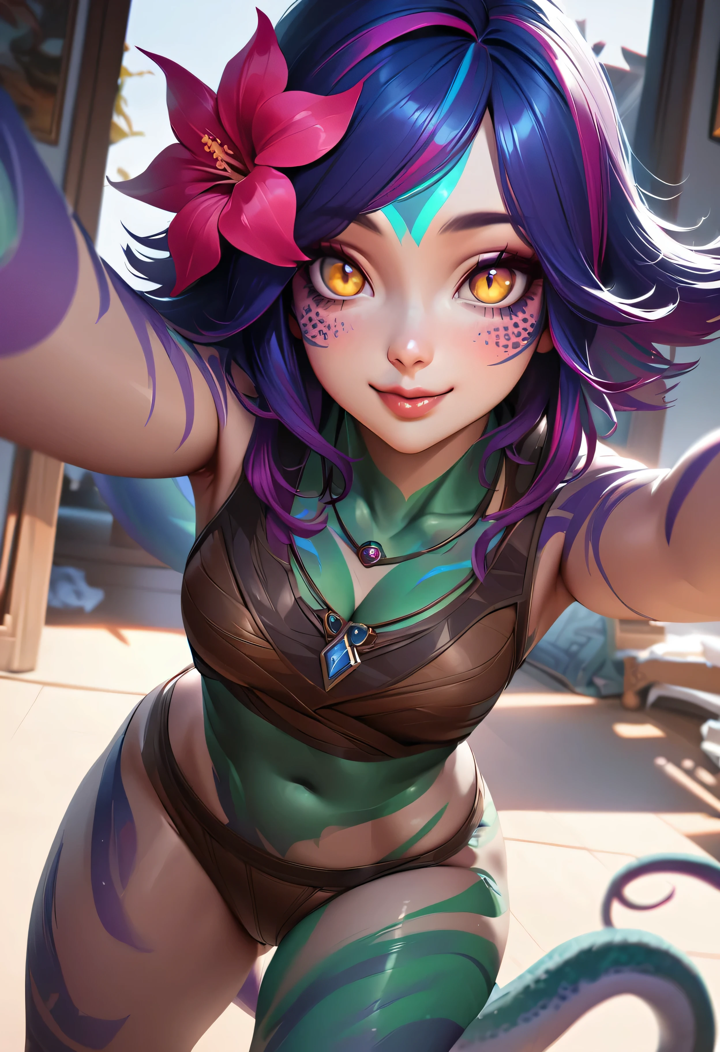 masterpiece,(best quality,top quality,8k),ultra detailed,illustration,painting,detailed eyes and face,1girl ,neeko, multicolored hair, colored skin,(short hair:1.1), facial mark, forehead mark, hair ornament, hair flower, necklace, brown crop top, Lizard tail, selfie, smile,(looking at viewer ),(puffy eyes) ,good contrast , high sharpness,(gorgeous),realistic,RAW Photography,(hyperdetailed:1.2)