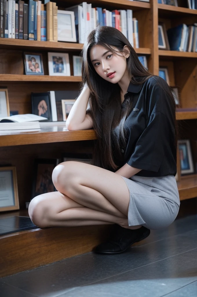 best quality, 8k, highly detailed face and skin texture, high resolution, cute girl in library