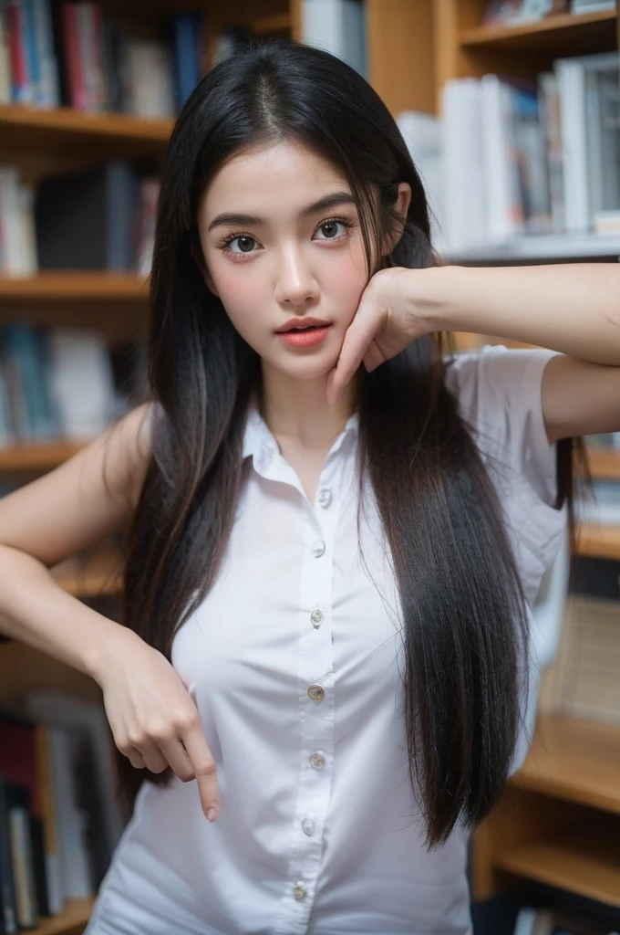 best quality, 8k, highly detailed face and skin texture, high resolution, cute girl in library