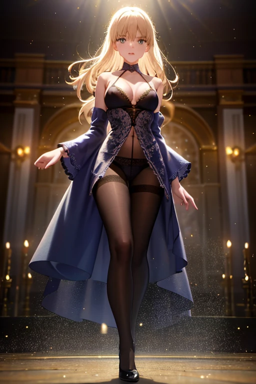 Altria，one person，Light Sensation,Movie lighting effects,8K,best quality,Tyndall effect,Highly detailed,Highest Rendering,Stunning digital art,Cinematic light,Extremely detailed,Beautiful close-up,Movie lighting effects，model，stage，Catwalk，stage灯光，Under the lights，model步，Thin waist，Long legs，Body shape sign，Lace Bikini，Navel装，Lace Lace underwear，Black pantyhose，Navel,clothing，Both hands，legs，Stick one hand in the waist，Normal hand shape，Front view