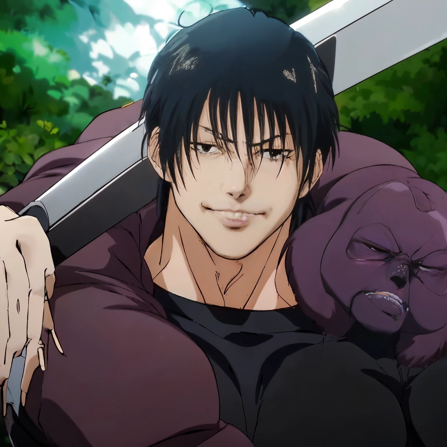 anime guy with a sword and a black T shirt holding a purple bag, hijikata toushirou of gintama, okata kazuto, portrait of guts from berserk, shuushuu anime image, official anime still, masakazu katsura, hijikata toushirou, today's featured anime still, shikanosuke yagaki