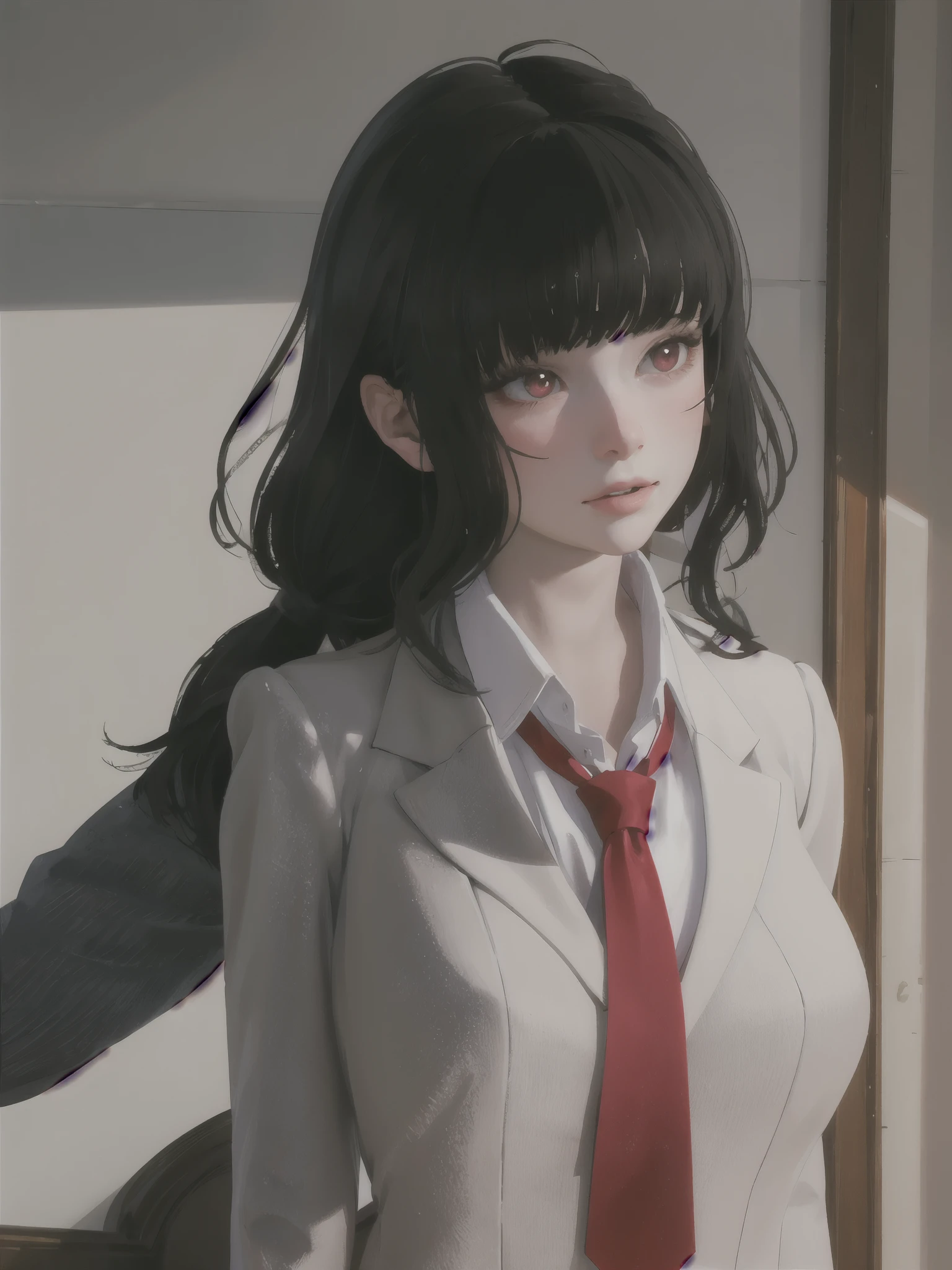 masterpiece, highly detailed, best quality, 1girl, solo, 
Luna, black hair, red eyes, long hair, blunt bangs, red tie, gray blazer