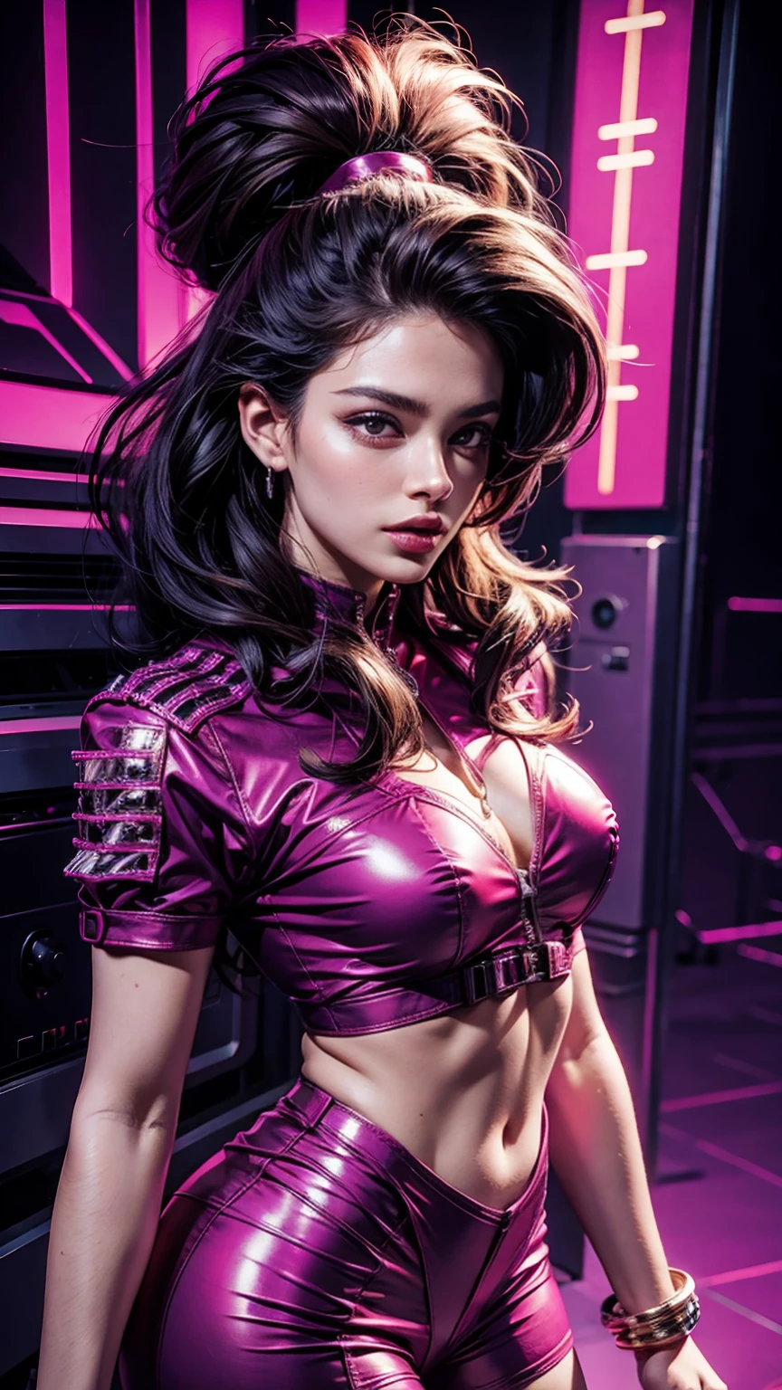 RAW photograph, photorealistic pic of a sexy 19 yo girl, golden skin, portrait, half length, perfect facial features, detailed face, accurate facial details, black pink hair, short hair, scattered, hair blown up by the wind, ((lilac eyes)), deep eyes, smile, wing eyeliner, iridescent pink feather skirt, transparent cyberpunk crop top, fishnet stockings, sliver heels, high-grade lighting, exquisite picture, exquisite eyes, best shadow, best picture quality, best light, rich details, atmosphere, high resolution, masterpiece, Night club, Church, crowd background, Head Tilt, Rich Detail, erotic pose, cinematic, small breasts