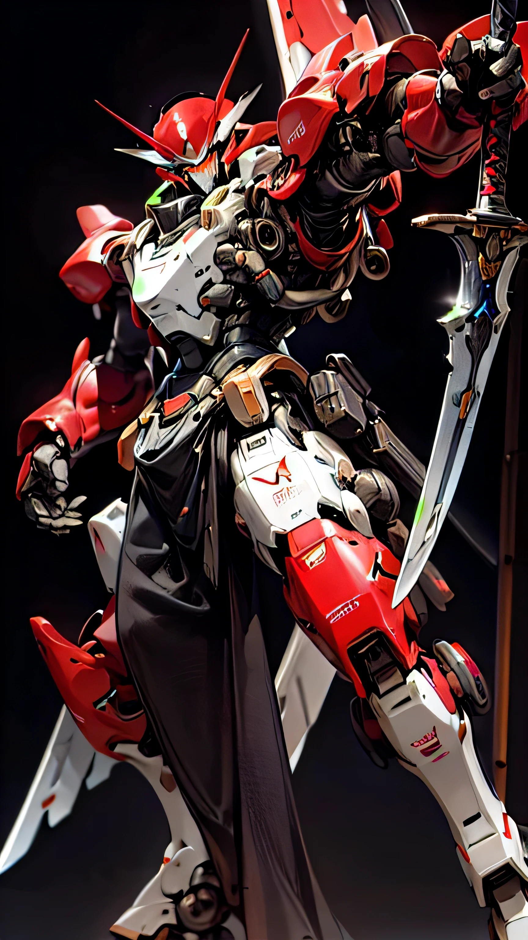 1mecha robot, Red Armor, Black Wing, Holding Black Mecha Sword, Black Background, absurdres, high detailed, high res, ultrasharp, 8K, masterpiece, photorealistic, High quality, cinmatic lighting, masterpiece.