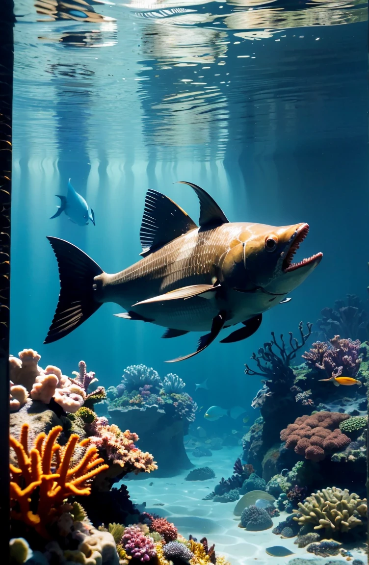 (highres, masterpiece:1.2), ultra-detailed, realistic, underwater, cyborg diver, exploring, extraordinary, vibrant colors, aquatic species, coral reefs, bioluminescent plants, futuristic technology, ocean depths, mysterious, shimmering light, mechanical enhancements