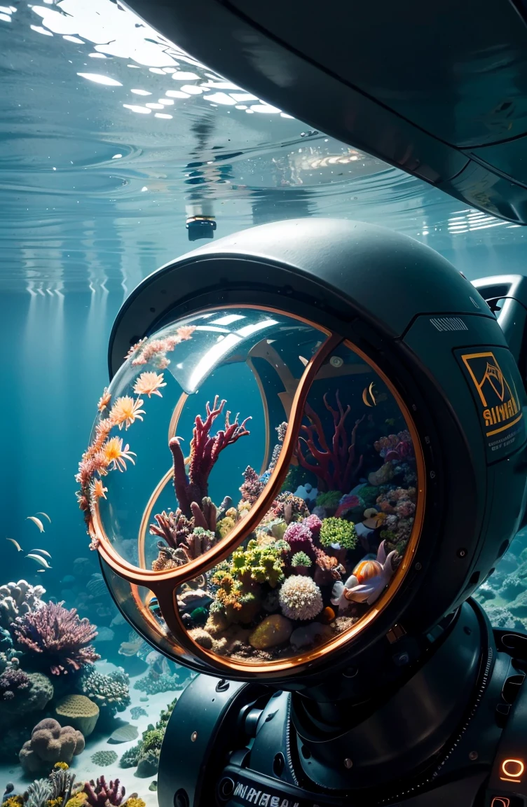 (highres, masterpiece:1.2), ultra-detailed, realistic, underwater, cyborg diver, exploring, extraordinary, vibrant colors, aquatic species, coral reefs, bioluminescent plants, futuristic technology, ocean depths, mysterious, shimmering light, mechanical enhancements