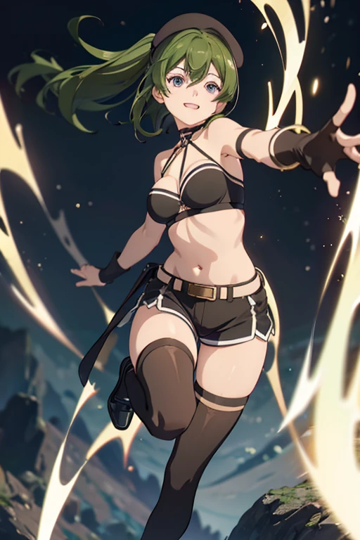 ubel,((ubel of Frieren: Beyond Journey's End )),dark green hair,long hair,side ponytail,hair between eyes,bangs, BREAK (beret, black jacket, open clothes, cleavage, midriff, black shorts, black thighhighs, thigh strap, fingerless gloves, single glove:1.2) , (dynamic angle:1.3, front view:1.1, breast focus:1.3, from below:1.2), (dynamic posing:1.5, sexy posing:1.2, leaning forward), (seductive smiling:1.3),(*K) HD, highest quality, WorKs of masters, High resolution, spread legs, panties shot,1 girl, small nose,(with sparkling eyes and a contagious smile), very beautiful detailed face and eyes, bright colors, cute face, delicate beautiful face, Bright magenta eyes, cute eyes, sparkling eyes, Big eyes, (big breasts:1.3), (perky chest:1.1), (pointed chest:1.0), medium hips, glamorous body, white skin, smile, thin pubric hair, shiny hair, super beautiful face, Super beautiful eyes, Super beautiful hair，trendy outfit，sexy and attractive，explosion of colors，big hairpin，full body esbian，illegal occupation, Real World, Natural light,perfect Natural light,looking at viewer,
