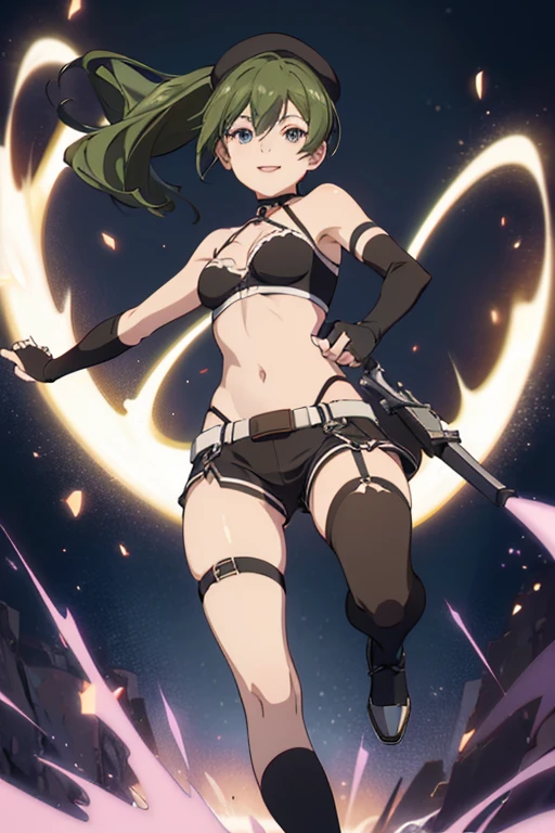 ubel,((ubel of Frieren: Beyond Journey's End )),dark green hair,long hair,side ponytail,hair between eyes,bangs, BREAK (beret, black jacket, open clothes, cleavage, midriff, black shorts, black thighhighs, thigh strap, fingerless gloves, single glove:1.2) , (dynamic angle:1.3, front view:1.1, breast focus:1.3, from below:1.2), (dynamic posing:1.5, sexy posing:1.2, leaning forward), (seductive smiling:1.3),(*K) HD, highest quality, WorKs of masters, High resolution, spread legs, panties shot,1 girl, small nose,(with sparkling eyes and a contagious smile), very beautiful detailed face and eyes, bright colors, cute face, delicate beautiful face, Bright magenta eyes, cute eyes, sparkling eyes, Big eyes, (big breasts:1.3), (perky chest:1.1), (pointed chest:1.0), medium hips, glamorous body, white skin, smile, thin pubric hair, shiny hair, super beautiful face, Super beautiful eyes, Super beautiful hair,trendy outfit,sexy and attractive,explosion of colors,big hairpin,full body esbian,illegal occupation, Real World, Natural light,perfect Natural light,looking at viewer,