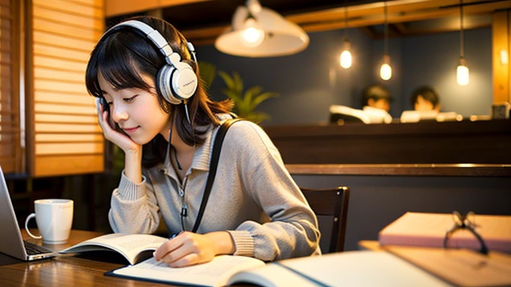 A cute Japanese girl studying or working at her desk、relax、night、Real、focusing、Gentle feeling、wearing headphones、Side view、Have a kitten