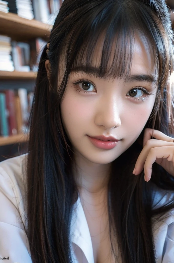 best quality, 8k, highly detailed face and skin texture, high resolution, cute asian girl in library