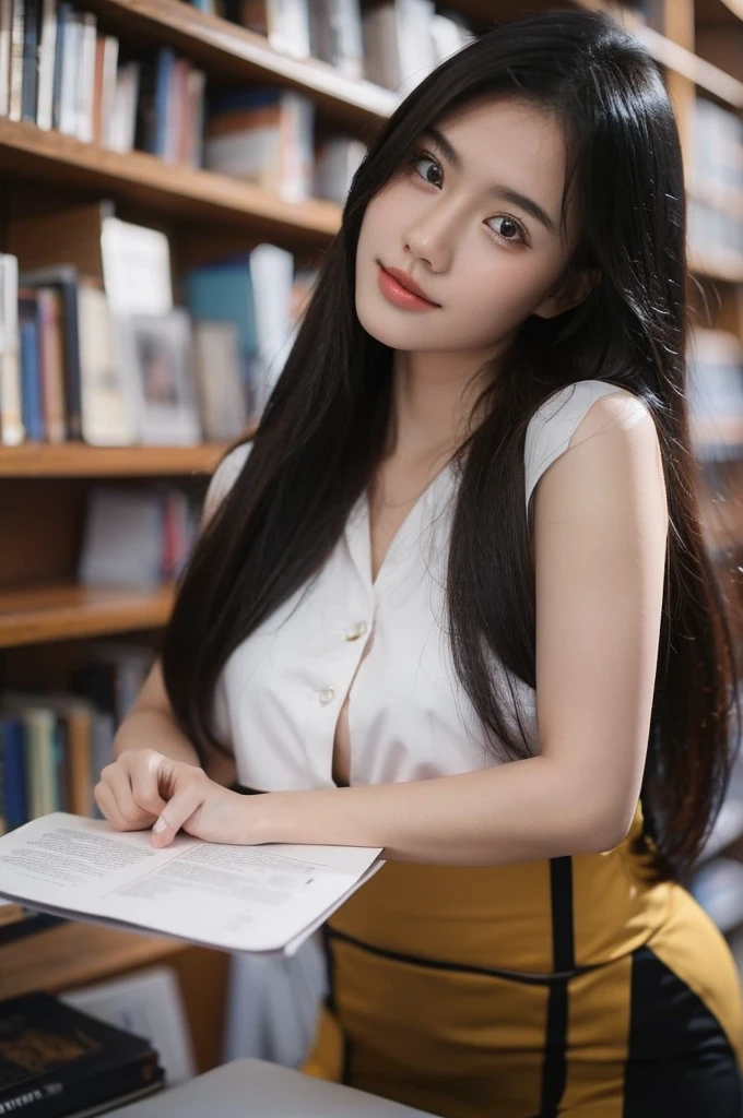 best quality, 8k, highly detailed face and skin texture, high resolution, cute asian girl in library