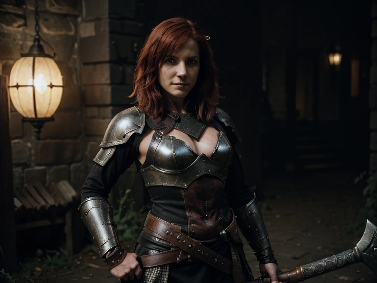 1girl with medium chest,8k, best quality, highres, realistic, real person, A warrior facing a demon lord, more lightly armored this time, with a mischievous, cunning smile. The warrior has short red hair and wields a large, ornately decorated axe. The setting is a fantasy battleground. The warrior's pose is more relaxed and sly, reflecting their crafty personality. The background includes magical effects and a dark, ominous atmosphere, emphasizing the ongoing battle.