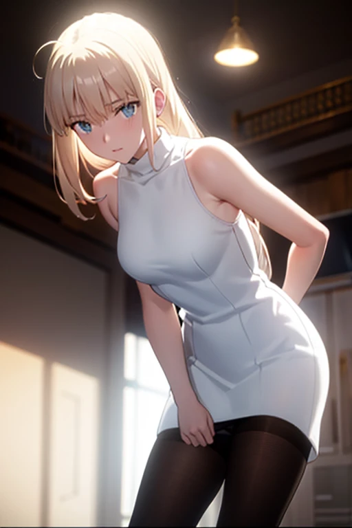 Altria,a beautiful girl,White one-piece sweater,Black pantyhose,Full figure,Shy expression,Right hand holding left elbow,Standing in the room,complexion,The lighting is ambiguous,