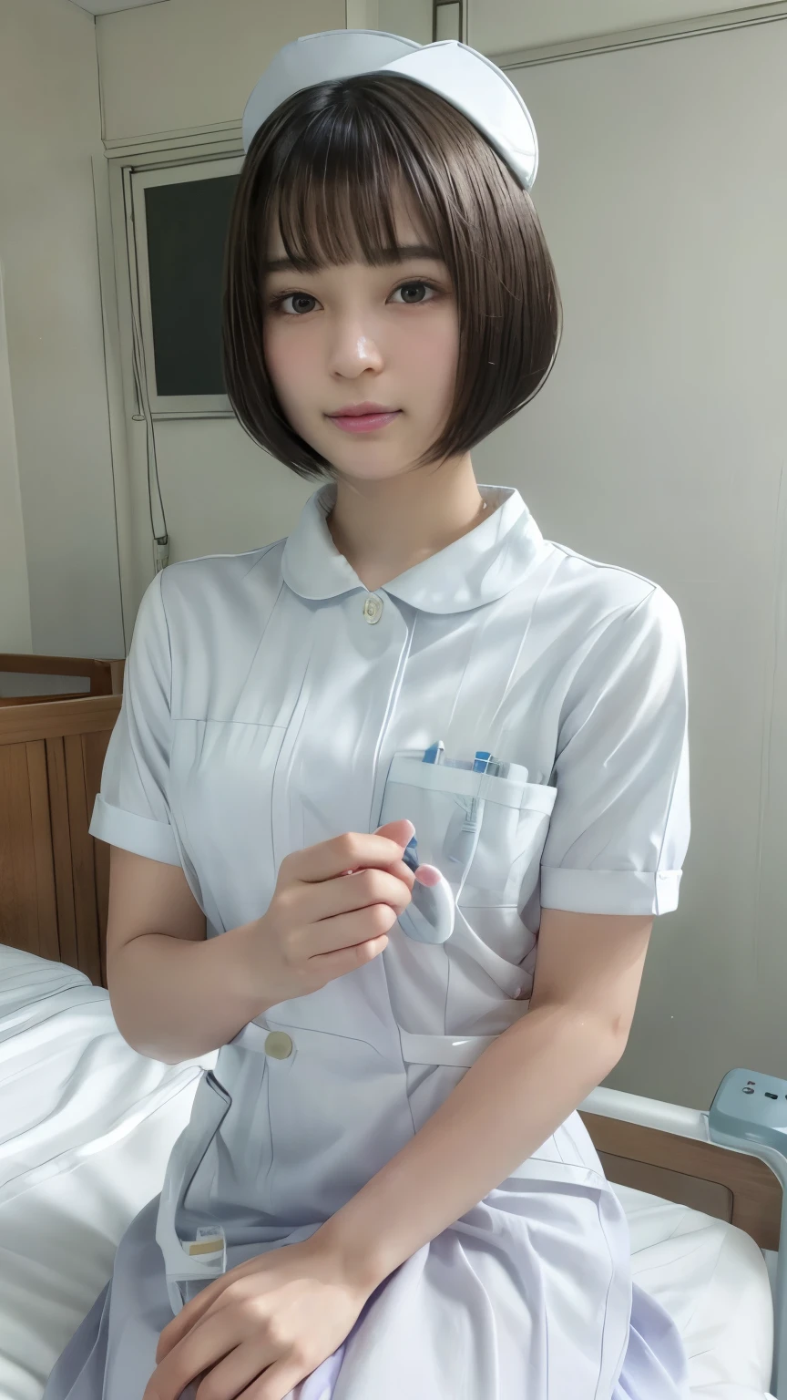 1 girl,(Wearing white nurse clothes:1.2),(Raw photo, highest quality), (Realistic, photo-Realistic:1.4), masterpiece, Very delicate and beautiful, very detailed, 2k wallpaper, wonderful, finely, very detailed CG unity 8k wallpaper, Very detailed, High resolution, Soft Light, Beautiful detailed girl, very detailed eyes and face, Beautifully detailed nose, finely beautiful eyes, nurse, Perfect Anatomy, Black Hair, Upstyle, nurse uniform, ((nurse cap)), Long skirt, nurse, White costume, thin, hospital, clear, White uniform, hospital room, Neck auscultation, Short Hair, ((fluffy bob cut)), 