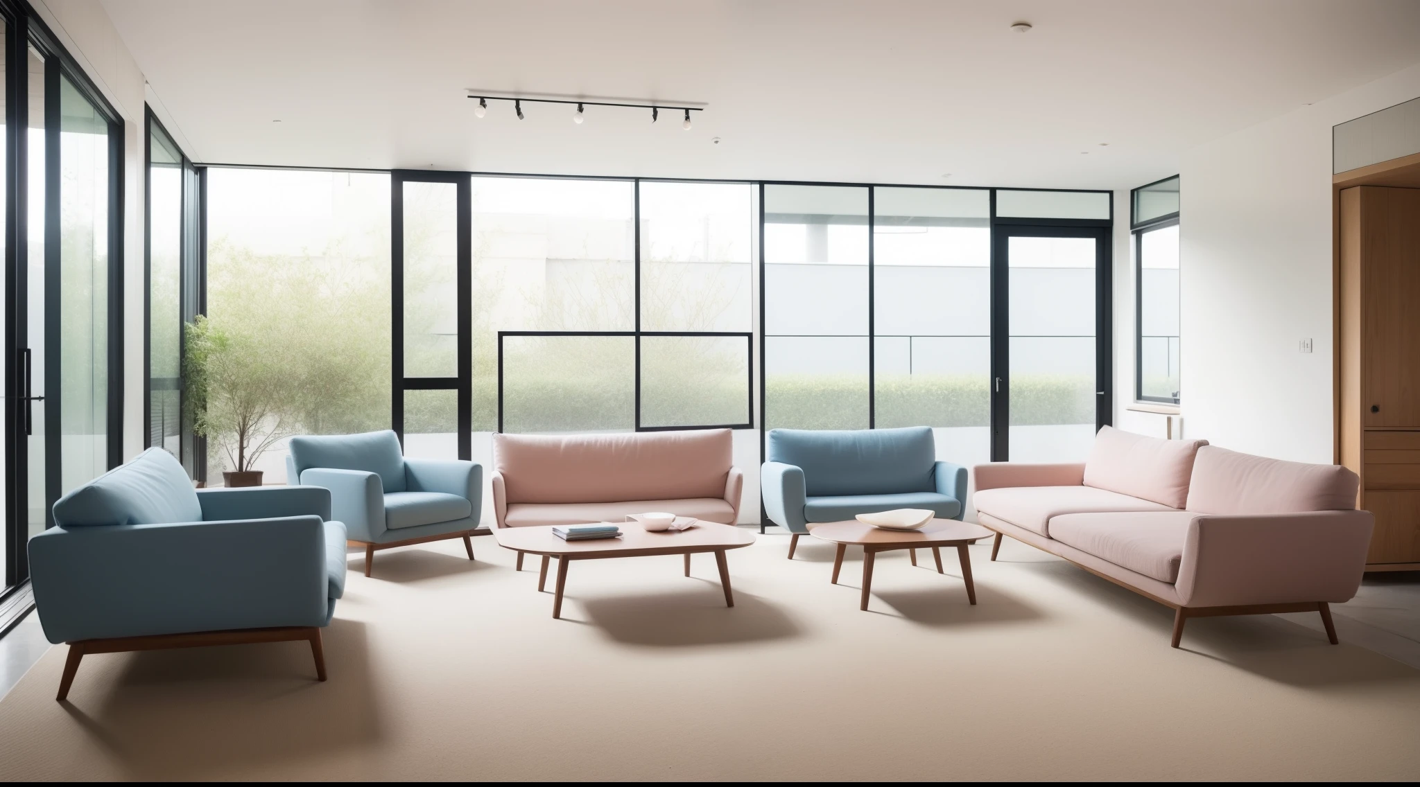 In the community's public rest area, the designer skillfully employed a composition of Morandi colors: Light pink, light blue, Grey, and brown. The light pink sofa harmoniously blends with the light blue cushion, evoking a sense of warmth and mellowness. The gray carpet underfoot and brown coffee table further accentuate this tranquil atmosphere. The space's matching simple lines and modern furniture style lend it a contemporary and minimal artistic ambiance.