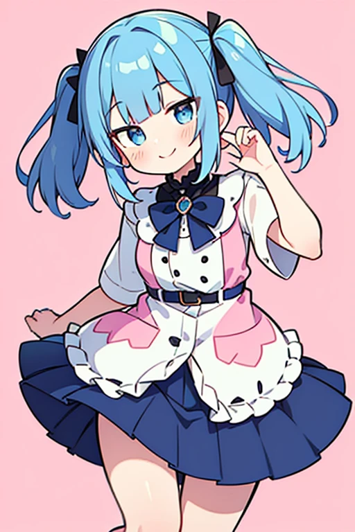 best quality, masterpiece, highres, solo, blue hair, bangs, short hair, short twintails ,blush, blue eyes, blunt bangs,two side up, smile, 1girl,skirt, looking_at_viewer,one-piece,pink background