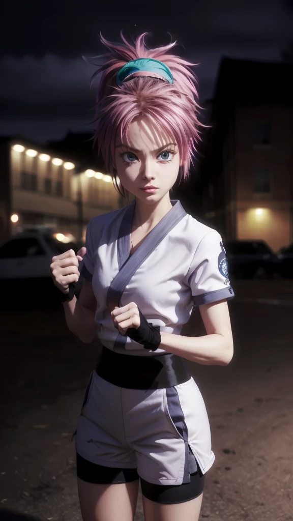 best quality, high quality, very high resolution, ultra detailed, 8k, hyper realistic, (masterpiece, highest quality:1.2), Cowboy Shot, alone, One girl, Machi, Sharp Eye, ponytail, Short kimono, Fingerless gloves, Bike Shorts, Fighting Stance, Neon Light, city, night, garden