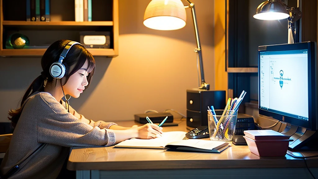 A cute Japanese girl studying or working at her desk、relax、night、Real、focusing、Gentle feeling、wearing headphones、Side view、Have a kitten