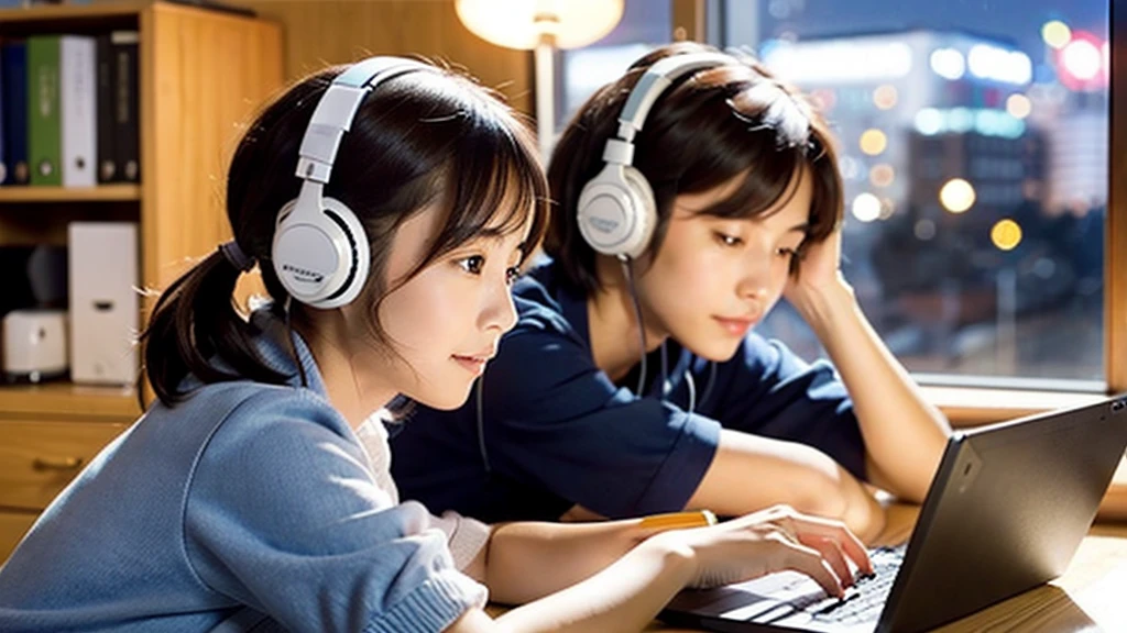 A cute Japanese girl studying or working at her desk、relax、night、Real、focusing、Gentle feeling、wearing headphones、Side view、Have a kitten