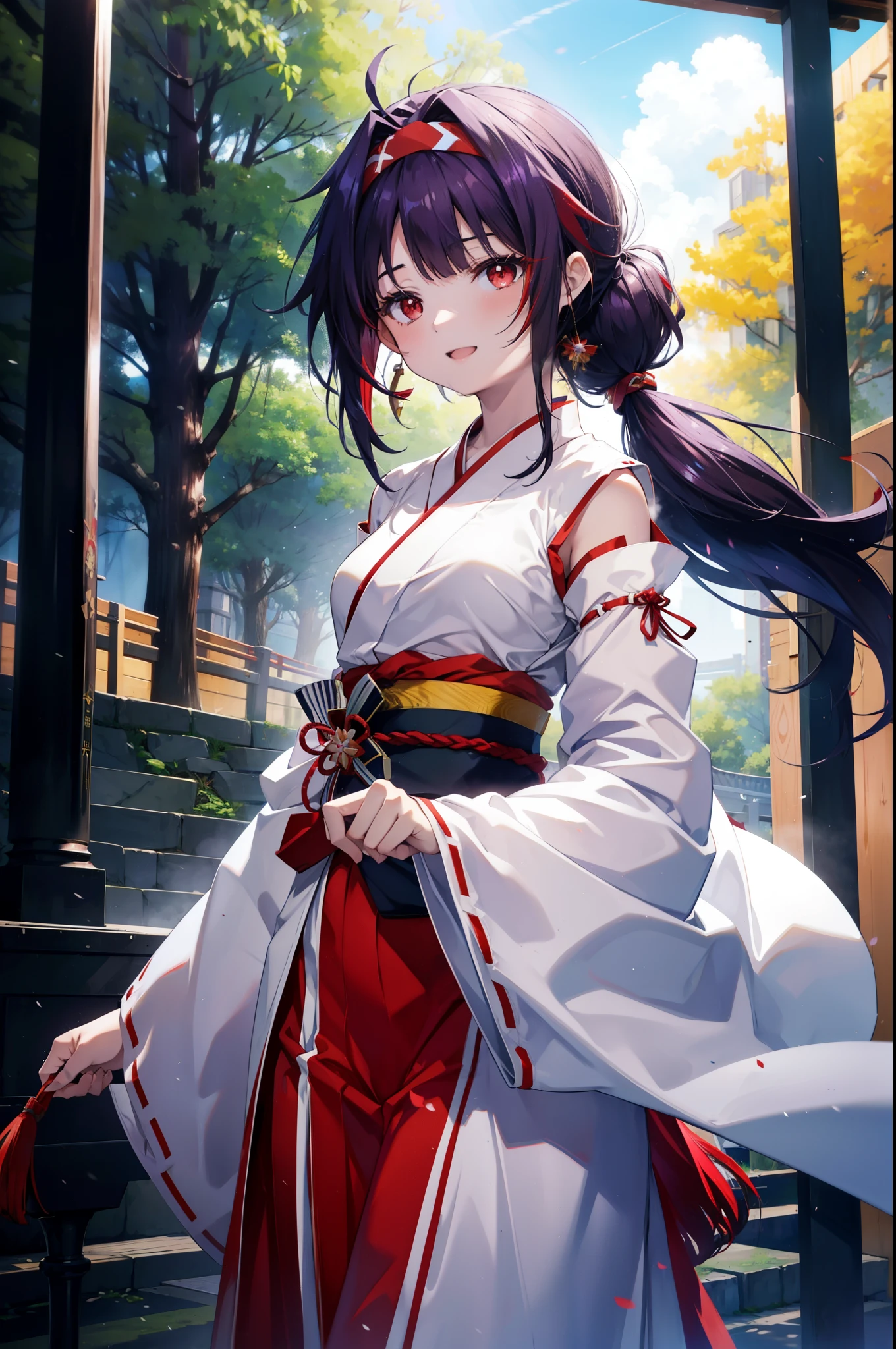 yuukikonno, Konno Yuuki, hair band, Long Hair, Pointed Ears, Purple Hair, (Red eyes:1.5), (Small breasts:1.2), Open your mouth,
happy smile, smile, Open your mouth,Platycodon grandiflorum,Miko, White Kimono,Red Hakama Kimono, As with the skirt, Wide sleeves, Long sleeve, Thick sleeves,Ribbon-trimmed sleeves, Daytime,Clear skies, とてもLong Hair, Blunt bangs, Low ponytail, break outdoors, shrine,torii, break looking at viewer, (Cowboy Shot:1.5), break (masterpiece:1.2), highest quality, High resolution, unity 8k wallpaper, (figure:0.8), (Beautiful fine details:1.6), Highly detailed face, Perfect lighting, Highly detailed CG, (Perfect hands, Perfect Anatomy),