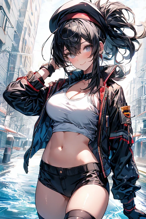 ubel,((ubel of Frieren: Beyond Journey's End )),dark green hair,long hair,side ponytail,hair between eyes,bangs, BREAK (beret, black jacket, open clothes, cleavage, midriff, black shorts, black thighhighs, thigh strap, fingerless gloves, single glove:1.2) , (dynamic angle:1.3, front view:1.1, breast focus:1.3, from below:1.2), (dynamic posing:1.5, sexy posing:1.2, leaning forward), (seductive smiling:1.3),(*K) HD, highest quality, WorKs of masters, High resolution, spread legs, panties shot,1 girl, small nose,(with sparkling eyes and a contagious smile), very beautiful detailed face and eyes, bright colors, cute face, delicate beautiful face, Bright magenta eyes, cute eyes, sparkling eyes, Big eyes, (big breasts:1.3), (perky chest:1.1), (pointed chest:1.0), medium hips, glamorous body, white skin, smile, thin pubric hair, shiny hair, super beautiful face, Super beautiful eyes, Super beautiful hair,trendy outfit,sexy and attractive,explosion of colors,big hairpin,full body esbian,illegal occupation, Real World, Natural light,perfect Natural light,looking at viewer,