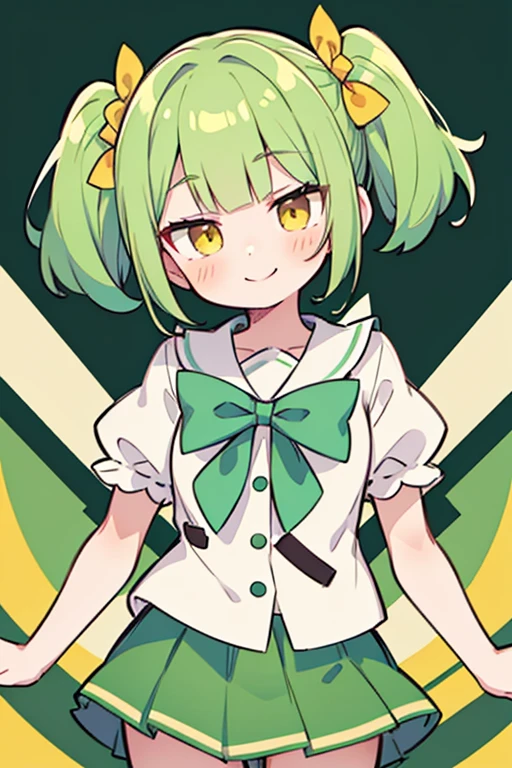 best quality, masterpiece, highres, solo, pastel green hair, short hair, short twintails ,blush, yellow eyes, blunt bangs,two side up, smile, 1girl,skirt, looking_at_viewer,one-piece,fun background