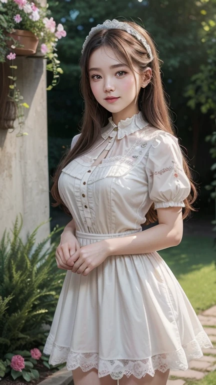 A girl in a maid costume, gracefully lifting her skirt without showing anything provocative, showcasing the detailed lace trimmings and delicate embroidery on the hemline. The scene is set in a well-kept garden, with vibrant flowers in full bloom and manicured hedges forming a picturesque backdrop. The girl's eyes express an innocent curiosity, while her rosy lips wear a subtle smile. The artwork is created using a combination of traditional painting techniques and digital rendering, resulting in a medium that seamlessly merges classic charm and modern aesthetics. The image quality is of the highest standards, featuring ultra-detailed elements that showcase the intricate patterns on the maid costume and the minute textures of the flowers. The color palette exudes a soft and harmonious ambiance, with pastel hues and gentle gradients. The lighting emphasizes the girl's beauty, casting a soft glow that accentuates her features and creates an ethereal atmosphere.