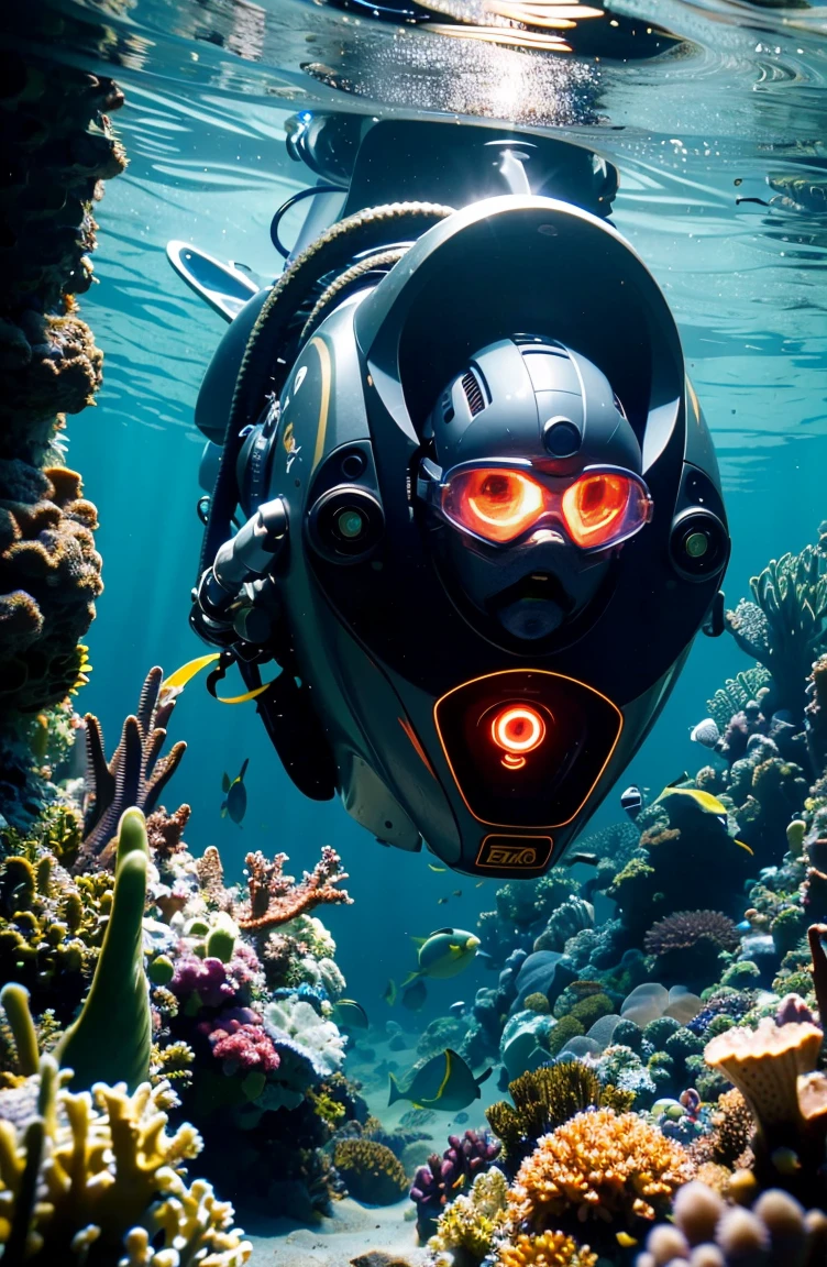 (highres, masterpiece:1.2), ultra-detailed, realistic, underwater, cyborg diver, exploring, extraordinary, vibrant colors, aquatic species, coral reefs, bioluminescent plants, futuristic technology, ocean depths, mysterious, shimmering light, mechanical enhancements