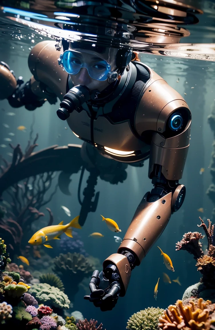 (highres, masterpiece:1.2), ultra-detailed, realistic, underwater, cyborg diver, exploring, extraordinary, vibrant colors, aquatic species, coral reefs, bioluminescent plants, futuristic technology, ocean depths, mysterious, shimmering light, mechanical enhancements