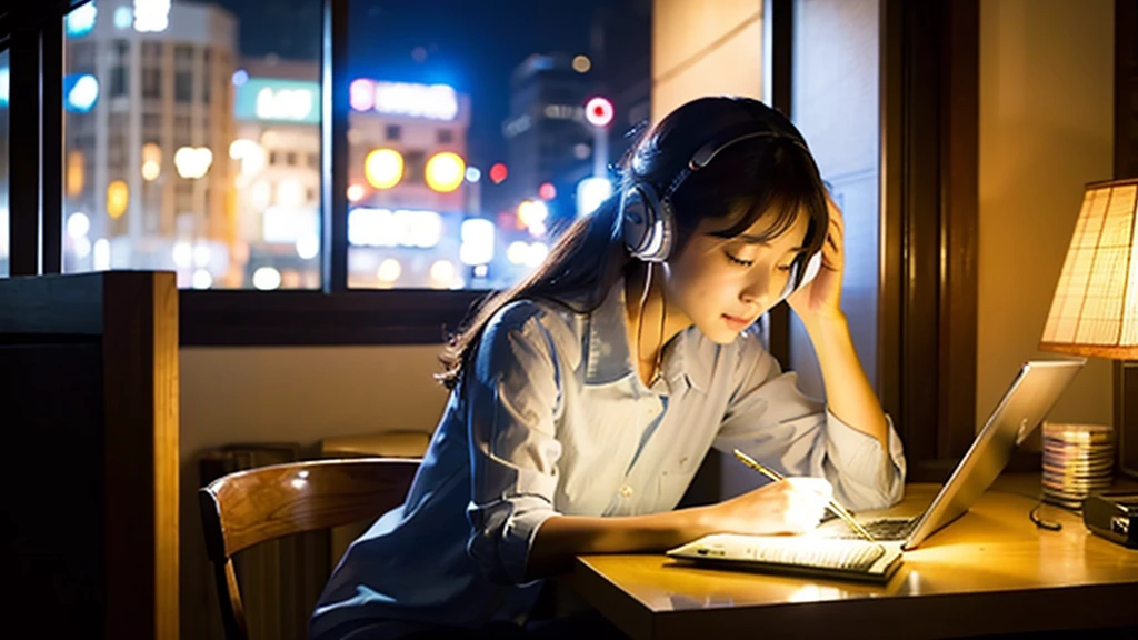 A cute Japanese girl studying or working at her desk、relax、night、Real、focusing、Gentle feeling、wearing headphones、Side view、There's a kitten nearby