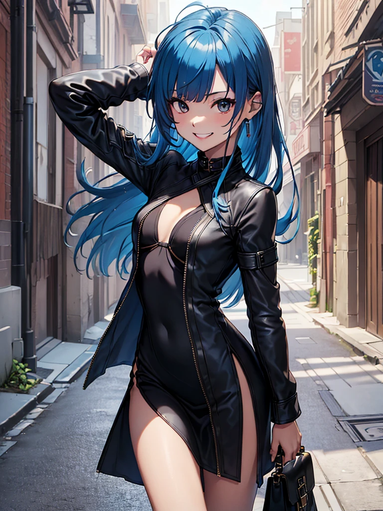 (​masterpiece、top-quality、hight resolution)、(((street whore、Glimpses of bare skin)))、((blacl slit dress、open jacket))、nsfw、grin、small bag、blue hair