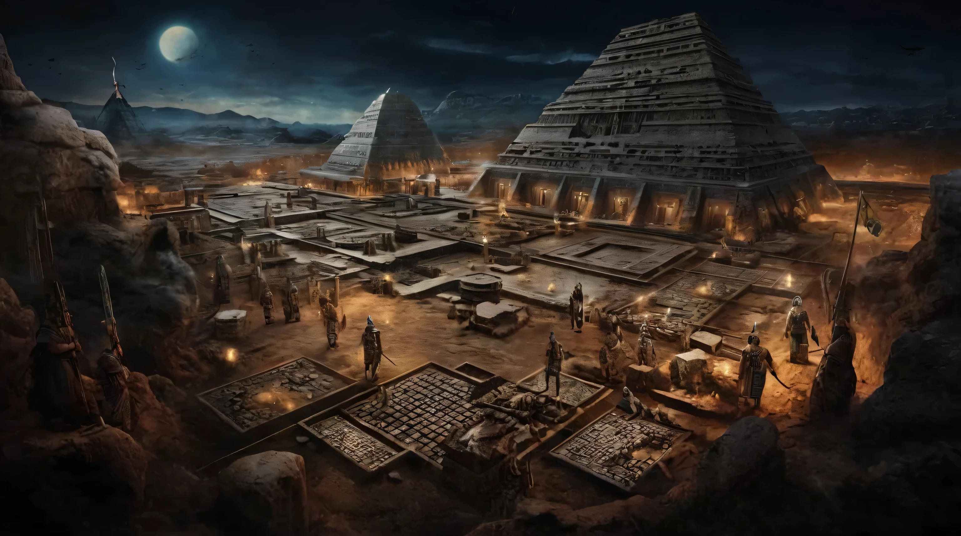 Image of Arabic numerals on a large building with many people gathered around it, Ancient megastructure pyramid, Ancient alien tools and houses, Ancient yet futuristic, Giant Aztec Space City, Sumerian, Pyramid ruins at sunset, Massive tomb structure, Ancient city, Ancient pyramid, by Kelenbeit, Ancient, Ancient civilization, Ancient civilisation, Tenochtitlan