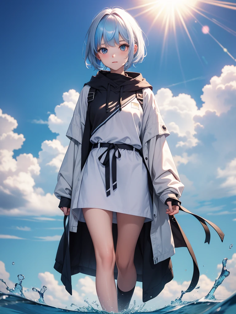 1 person girl、pleochroism、A loose-fitting jersey-style long hoodie in holographic colors、Ribbed knit cuffs and hem、Vtuber whole body、Milky white short hair、Standing figure facing the viewer、Simple Background、highest quality、Masterpiece、Official Art、8K、
