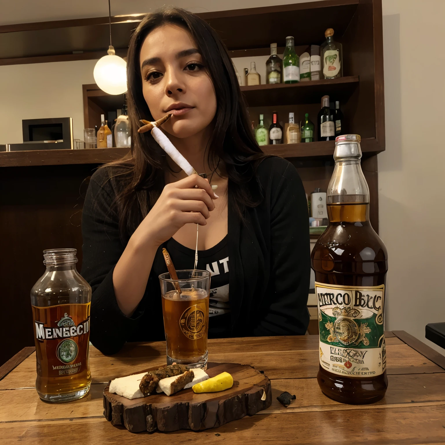 un cenicero con un cigarro de marihuana y una botella de hennesy de fondo