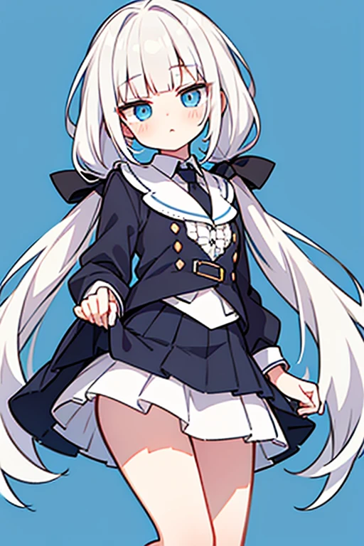 best quality, masterpiece, highres, solo, white hair, bangs, long hair, low twintails ,blush, blue eyes, blunt bangs,1girl,skirt, looking_at_viewer,one-piece,fun background