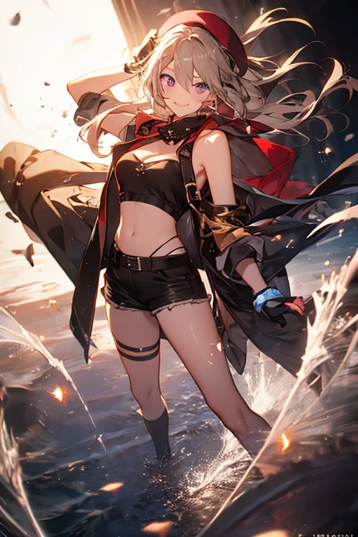 ubel,((ubel of Frieren: Beyond Journey's End )),dark green hair,long hair,side ponytail,hair between eyes,bangs, BREAK (beret, black jacket, open clothes, cleavage, midriff, black shorts, black thighhighs, thigh strap, fingerless gloves, single glove:1.2) , (dynamic angle:1.3, front view:1.1, breast focus:1.3, from below:1.2), (dynamic posing:1.5, sexy posing:1.2, leaning forward), (seductive smiling:1.3),(*K) HD, highest quality, WorKs of masters, High resolution, spread legs, panties shot,1 girl, small nose,(with sparkling eyes and a contagious smile), very beautiful detailed face and eyes, bright colors, cute face, delicate beautiful face, Bright magenta eyes, cute eyes, sparkling eyes, Big eyes, (big breasts:1.3), (perky chest:1.1), (pointed chest:1.0), medium hips, glamorous body, white skin, smile, thin pubric hair, shiny hair, super beautiful face, Super beautiful eyes, Super beautiful hair,trendy outfit,sexy and attractive,explosion of colors,big hairpin,full body esbian,illegal occupation, Real World, Natural light,perfect Natural light,looking at viewer,