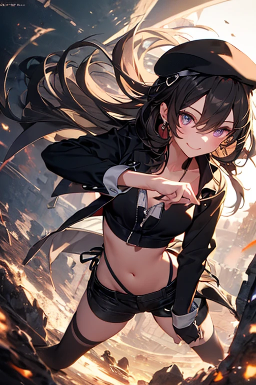 ubel,((ubel of Frieren: Beyond Journey's End )),dark green hair,long hair,side ponytail,hair between eyes,bangs, BREAK (beret, black jacket, open clothes, cleavage, midriff, black shorts, black thighhighs, thigh strap, fingerless gloves, single glove:1.2) , (dynamic angle:1.3, front view:1.1, breast focus:1.3, from below:1.2), (dynamic posing:1.5, sexy posing:1.2, leaning forward), (seductive smiling:1.3),(*K) HD, highest quality, WorKs of masters, High resolution, spread legs, panties shot,1 girl, small nose,(with sparkling eyes and a contagious smile), very beautiful detailed face and eyes, bright colors, cute face, delicate beautiful face, Bright magenta eyes, cute eyes, sparkling eyes, Big eyes, (big breasts:1.3), (perky chest:1.1), (pointed chest:1.0), medium hips, glamorous body, white skin, smile, thin pubric hair, shiny hair, super beautiful face, Super beautiful eyes, Super beautiful hair，trendy outfit，sexy and attractive，explosion of colors，big hairpin，full body esbian，illegal occupation, Real World, Natural light,perfect Natural light,looking at viewer,
