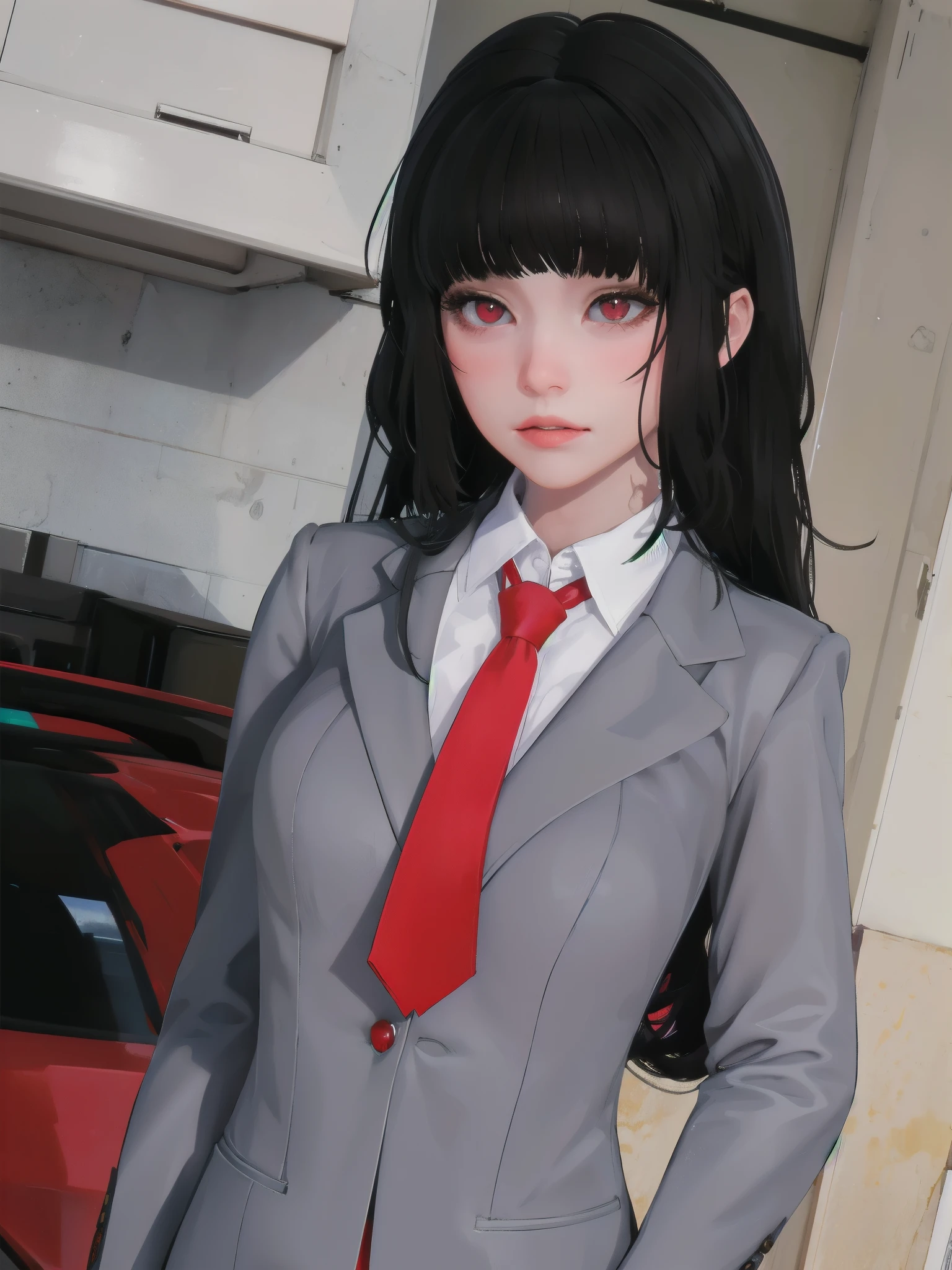 masterpiece, highly detailed, best quality, 1girl, solo, 
Luna, black hair, red eyes, long hair, blunt bangs, red tie, gray blazer