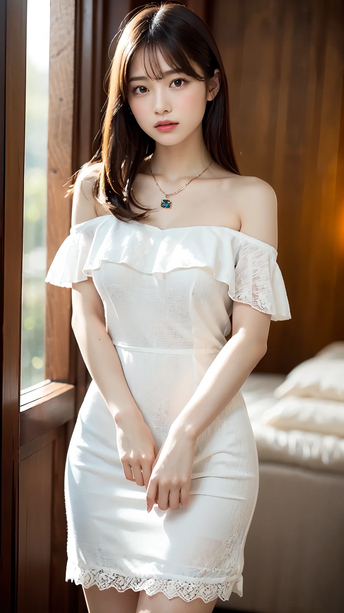 body、Full body Esbian、leaning forward, Very small waist、(very big breasts:1.3)、plump thighs、natural skin、Extra-fine face、Refined Layered Hairstyle, extra thin hands, Very thin fingers, Best ratio、surreal, ((Feminine Lace Dress、Exposing too much skin、off shoulder、The length is short and the thighs are visible))、cheeks turn red、body covered in 、Cross Necklace、((18-year-old female:1.2))、young adorable japanese face, official art,Highly detailed CG Unity 8K wallpaper,(masterpiece:1.0),(highest quality:1.0), Super detailed, photo shoot, 8K, nffsw, High resolution, kodak portrait 400, film grain, lens flare glow,portrait shot,View viewer