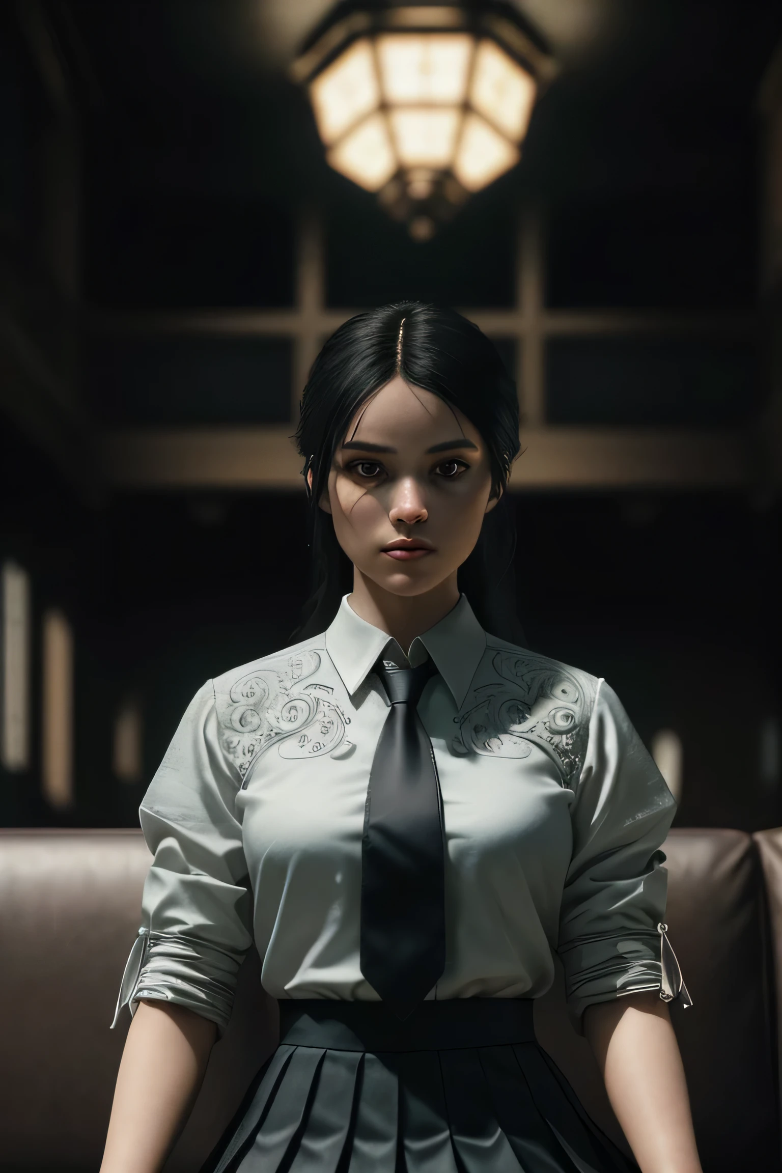 (masterpiece), (extremely intricate:1.3), (realistic), a girl, (dark fantasy, gore), (dynamic perspective), the most beautiful in the world, (kick viewers lightly), indoors, from below, shirt, tie, pleated skirt, smirk, on the couch, Aomori, Haifa, professional photograph of a stunning woman detailed, sharp focus, dramatic, award winning, cinematic lighting, octane render unreal engine, volumetrics dtx, (film grain, blurry background, blurry foreground, depth of field)
