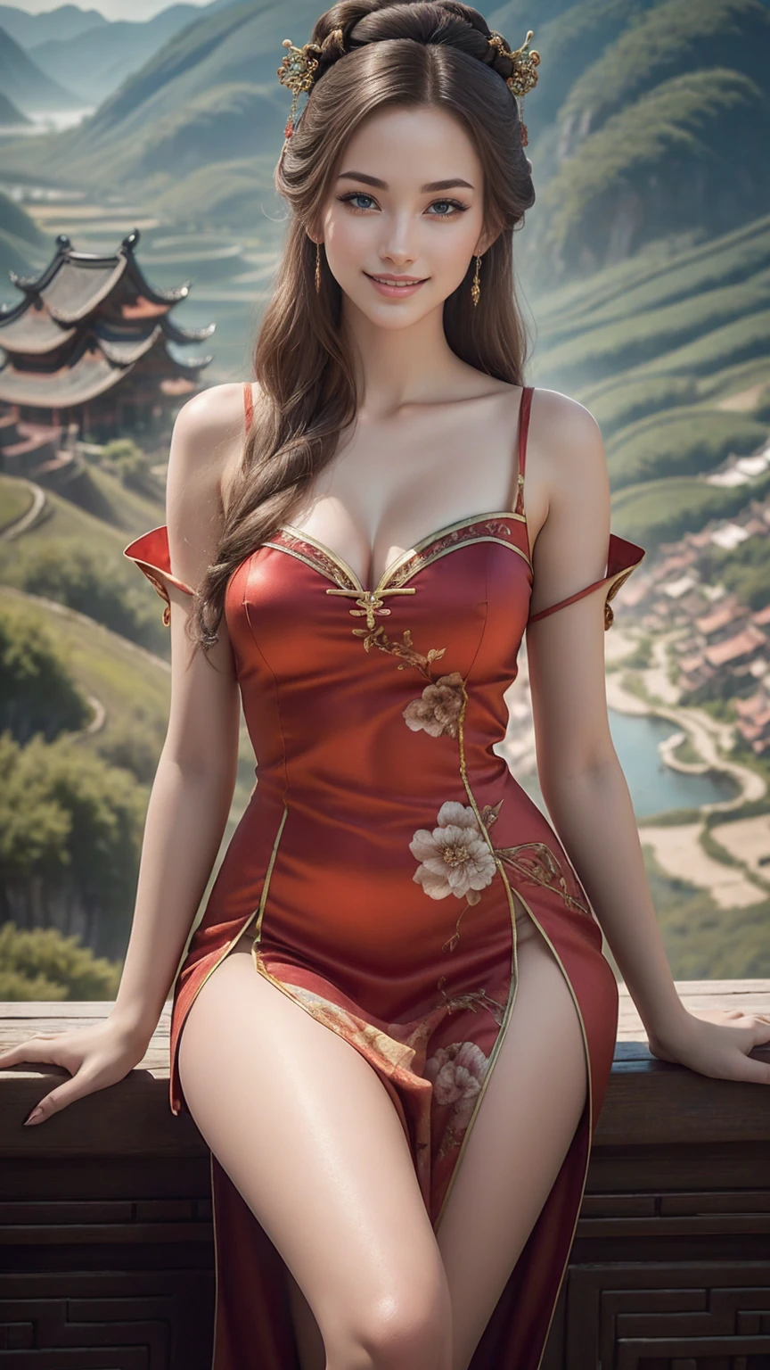 "1 beautiful girl in traditional costume, wearing a traditional Chinese ao dai in luminous red, Ao dai with red as the main color, black chest border and gold border, long hair and white bangs, hair jewelry most detailed and beautiful, Super cute little face, Extremely pretty face, sparse eyebrows, most flawless beautiful face, ((black pupil:0.8)), very beautiful eyes, ((eyes red:1.4)), beautiful and detailed eyelashes and very magical makeup, high nose, earrings, thin lips, red lips, no smiling, beautiful lips, rosy face, clean face, flawless beautiful face , smooth white skin, (big breasts: 0.9)), Blums breasts, ((big and super round breasts): 0.9)), ((super tight breasts: 1.2)), ((breast augmentation: 0.8)), beautiful breasts, sitting on the floor, Sitting with legs wide open, thighs wide and not shy, hands behind back, chest forward, leaning back slightly, beautiful girl's upper body, 8k photo, super high quality, hyper realistic, 10x super pixels, photo realistic, bright studio, bright edges, two-tone light color, (high detail) skin: 1.2), 8k ultra, soft light, high quality , volumetric lighting, realistic, Photos, high resolution, light, best photo, 4k, 8k quality, blur effect, Smooth and sharp, 10x pixels, aurora, lightning, super graphics , most realistic graphics,(Red flower background: 1.7), alone, solo, portrait 9:16, Extremely sharp, surreal image., (NSFW:1,7), pubic hair, spread legs, view from below, , transparent outfit, cameltoe"