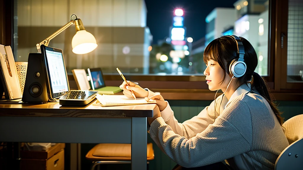 A cute Japanese girl studying or working at her desk、There's a kitten nearby、relax、night、Real、focusing、Gentle feeling、wearing headphones、Side view、There's a kitten nearby