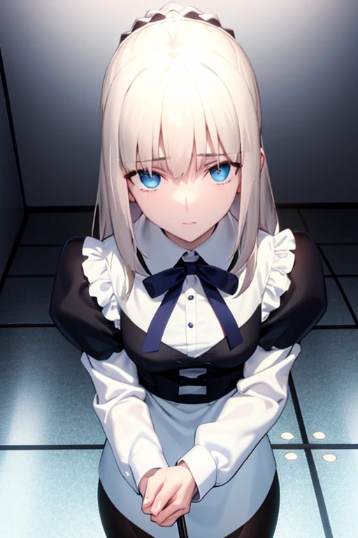 Altria，A girl，Empty laboratory，black eyes,,blue eye shadow,In a hypnotic state，Empty eyes，Circle eyes，Top view perspective，Unify temptation，Office ladies uniform，Black pantyhose，Black long hair，White shirt，Controlled by hypnosis，no pupils，