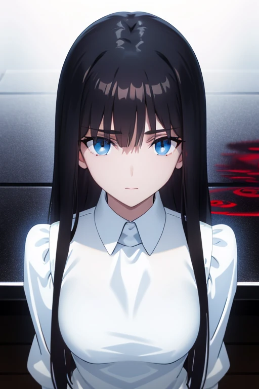 Altria，A girl，Empty laboratory，black eyes,,blue eye shadow,In a hypnotic state，Empty eyes，Circle eyes，Top view perspective，Unify temptation，Office ladies uniform，Black pantyhose，Black long hair，White shirt，Controlled by hypnosis，no pupils，